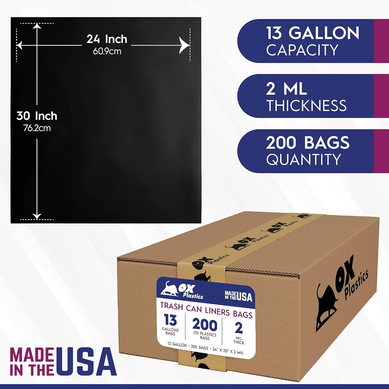 13 Gallon Heavy Duty Kitchen Trash Bags – 2 Mil Thick – 24 x 30 Inch – 200 Count Bulk Garbage Bags for Home, Office & Commercial Use – Ox Plastics