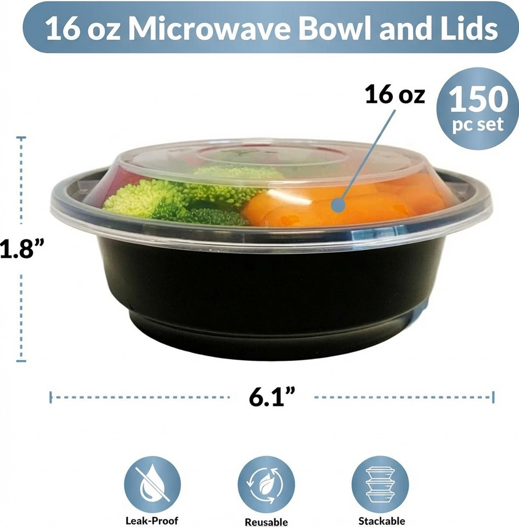 16 oz Black Round Microwave Containers with Lids – 150 Set Bulk Meal Prep & Takeout Food Storage Containers – Stackable, Leak-Resistant & Reheatable – Rhino Aluminum