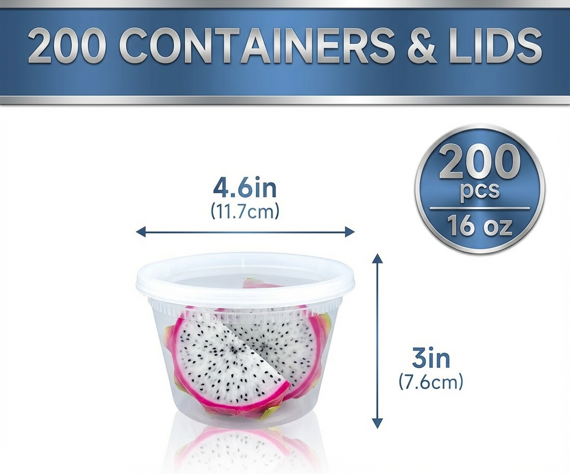 16 oz Deli Containers with Lids – 200 Count Bulk Clear Plastic Food Storage Cups for Meal Prep, Soups & Leftovers – Stackable & Leak-Resistant – Rhino Aluminum