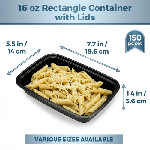 16 oz Black Rectangle Microwave Containers with Lids – 150 Set Bulk Meal Prep & Takeout Food Storage Containers – Stackable, Leak-Resistant & Reheatable – Rhino Aluminum