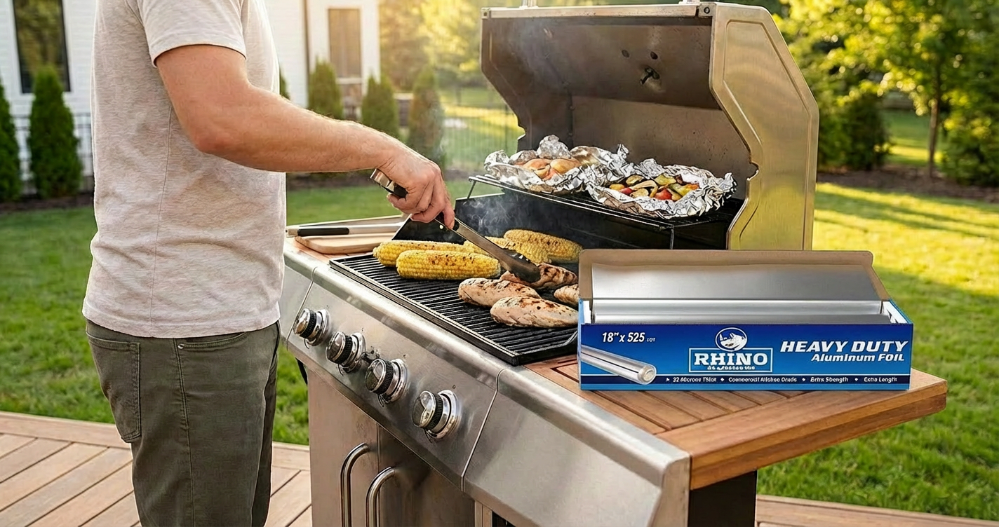 18 Inch Heavy Duty Aluminum Foil Roll – 525 Sq Ft Bulk Thick Kitchen Foil for BBQ, Grilling, Roasting & Food Storage – Extra Wide Commercial Strength – Rhino Aluminum