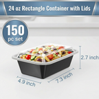 24 oz Meal Prep Containers with Lids, 150 Pack – Black Rectangle Microwave-Safe Takeout, Disposable Food Storage – Commercial Bulk