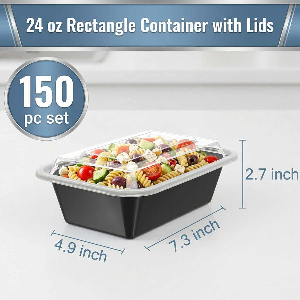 24 oz Black Rectangle Microwave Containers with Lids – 150 Set Bulk Meal Prep & Takeout Food Storage Containers – Stackable, Leak-Resistant & Reheatable – Rhino Aluminum
