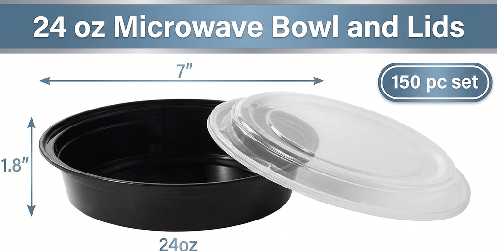 24 oz Round Meal Prep Containers with Lids, 150 Pack – Black Microwave-Safe Soup Bowls, Takeout Containers – Commercial Bulk