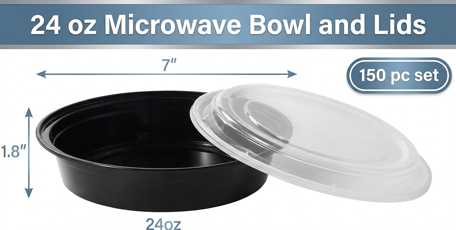 24 oz Black Round Microwave Containers with Lids – 150 Set Bulk Meal Prep & Takeout Food Storage Containers – Stackable, Leak-Resistant & Reheatable – Rhino Aluminum