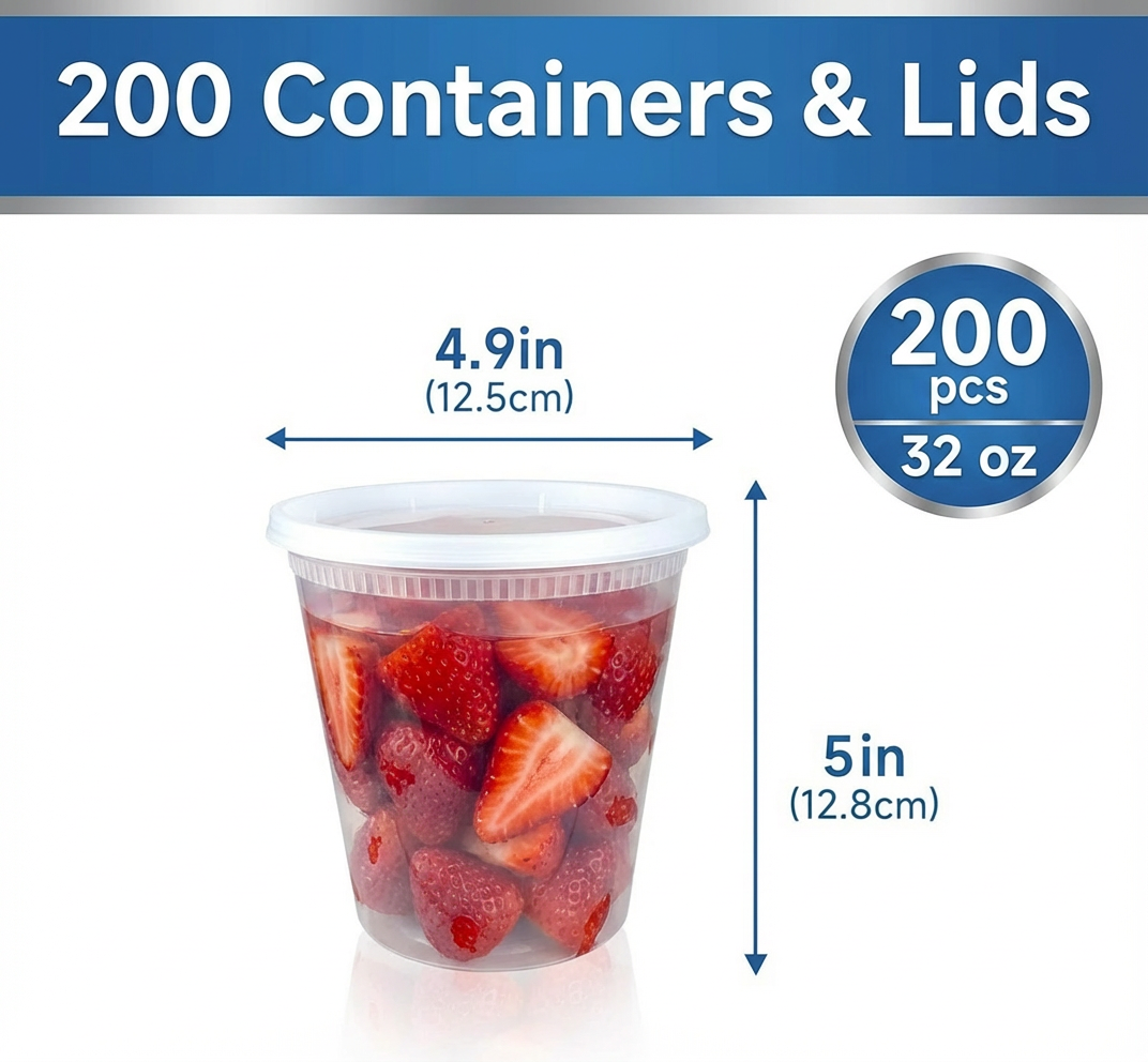 32 oz Deli Containers with Lids – 200 Count Bulk Clear Plastic Food Storage Cups for Meal Prep, Soups & Leftovers – Stackable & Leak-Resistant – Rhino Aluminum