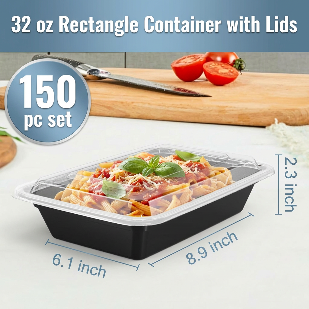 32 oz Meal Prep Containers with Lids, 150 Pack – Black Rectangle Microwave-Safe Takeout, Disposable Food Storage – Commercial Bulk