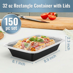 32 oz Meal Prep Containers with Lids, 150 Pack – Black Rectangle Microwave-Safe Takeout, Disposable Food Storage – Commercial Bulk