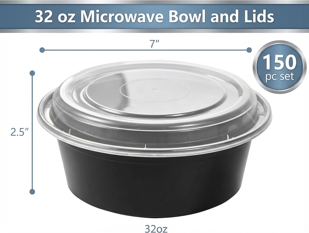 32 oz Round Meal Prep Containers with Lids, 150 Pack – Black Microwave-Safe Soup Bowls, Takeout Containers – Commercial Bulk