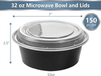 32 oz Round Meal Prep Containers with Lids, 150 Pack – Black Microwave-Safe Soup Bowls, Takeout Containers – Commercial Bulk