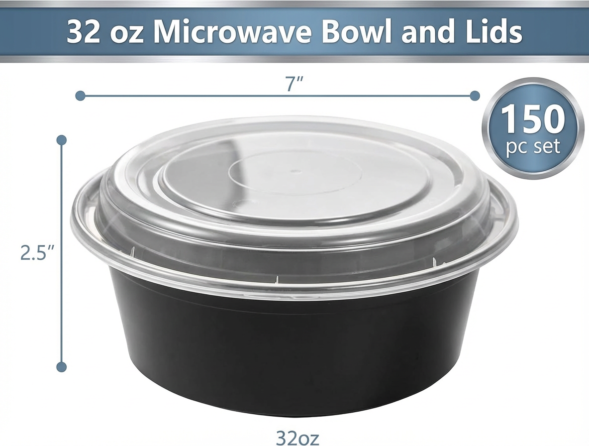 32 oz Black Round Microwave Containers with Lids – 150 Set Bulk Meal Prep & Takeout Food Storage Containers – Stackable, Leak-Resistant & Reheatable – Rhino Aluminum