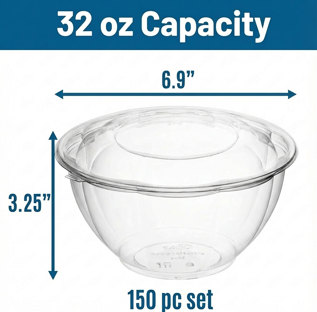 32 oz Clear Salad Bowls with Lids – 150 Count Bulk Disposable Food Containers for Salads, Meal Prep & Takeout – Leak-Resistant & Stackable – Rhino Aluminum