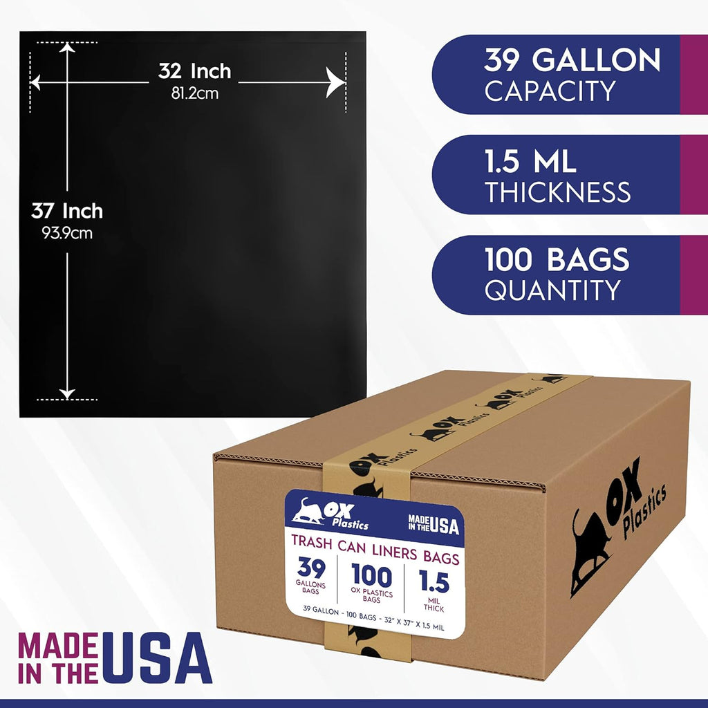 39 Gallon Black Heavy Duty Trash Bags – 1.5 Mil Thick – 32 x 37 Inch – 100 Count Bulk Contractor Garbage Bags for Home, Commercial & Outdoor Use – Ox Plastics