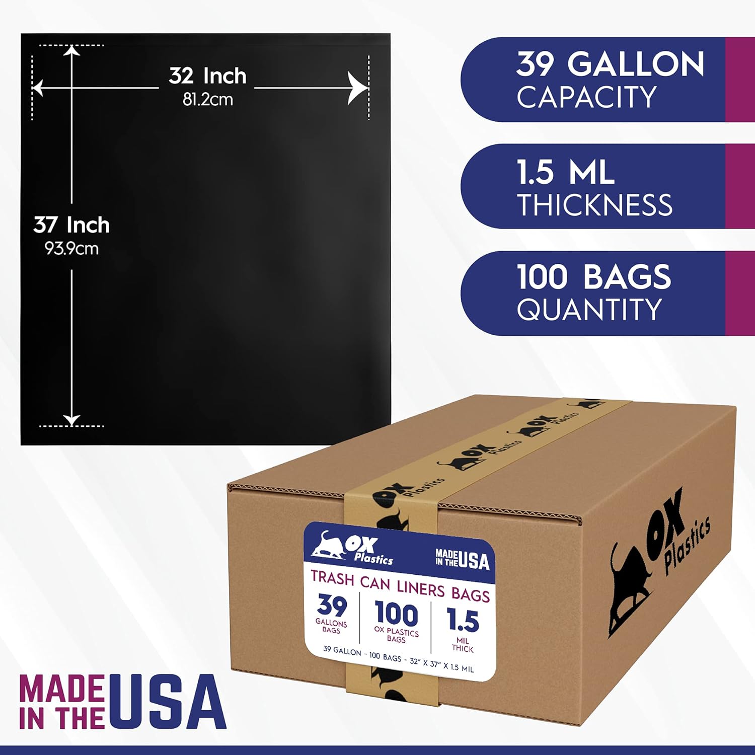 39 Gallon Black Heavy Duty Trash Bags – 1.5 Mil Thick – 32 x 37 Inch – 100 Count Bulk Contractor Garbage Bags for Home, Commercial & Outdoor Use – Ox Plastics