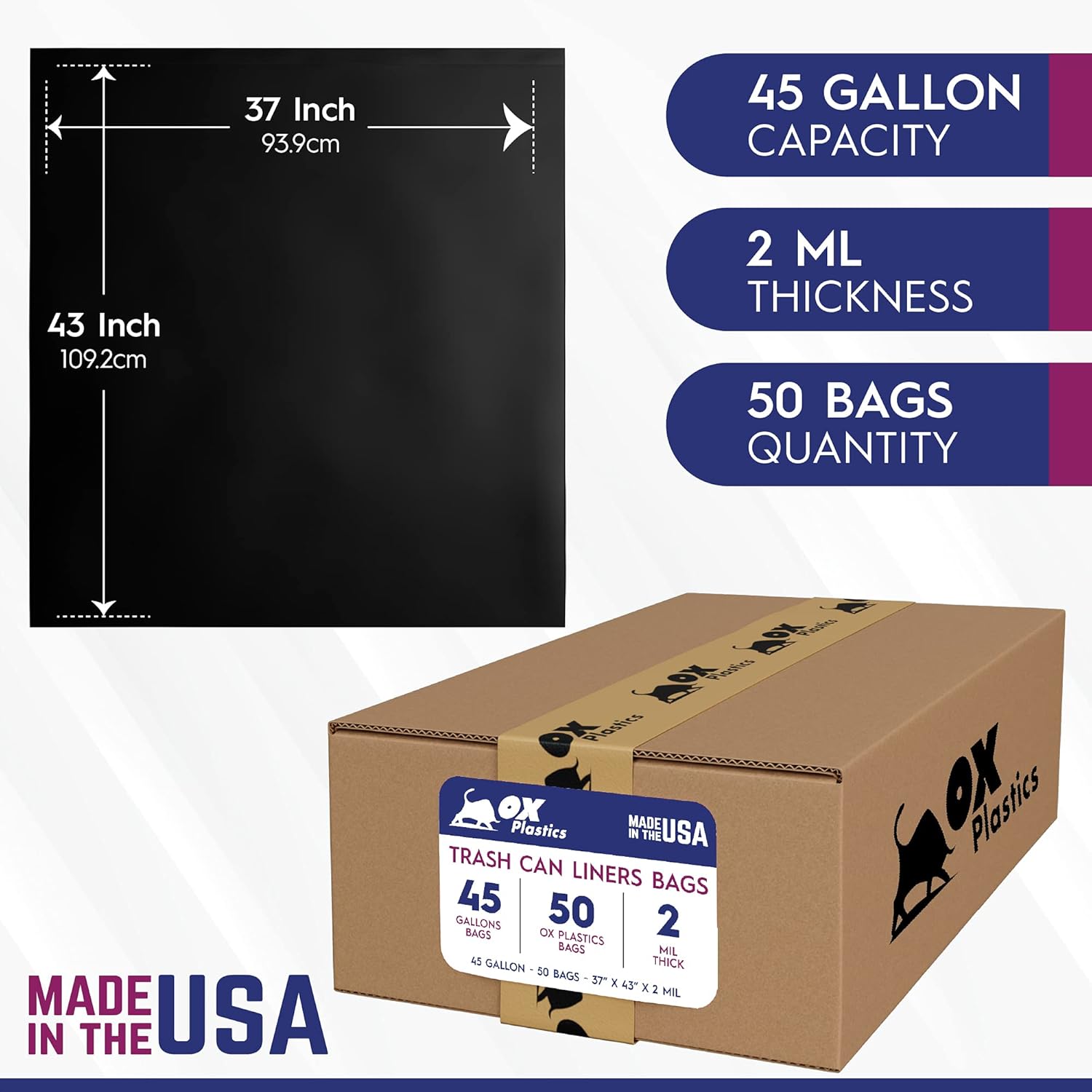 46 Gallon Heavy Duty Trash Bags – 1.5 Mil Thick – 37 x 43 Inch – 100 Count Bulk Contractor Garbage Bags for Construction, Yard & Commercial Use – Ox Plastics