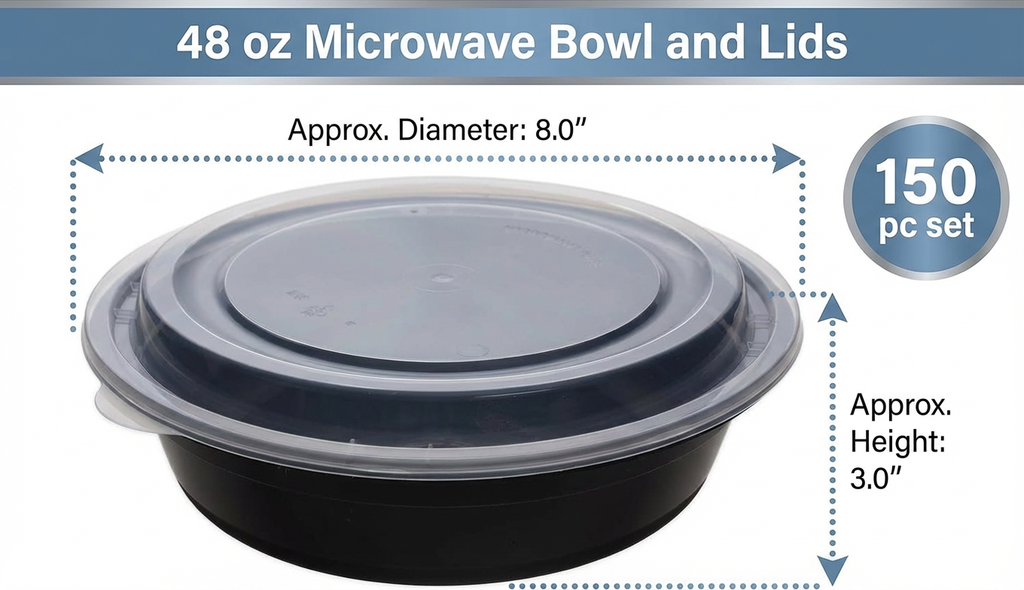 48 oz Round Meal Prep Containers with Lids, 150 Pack – Extra Large Black Microwave-Safe Soup Bowls, Takeout – Commercial Bulk