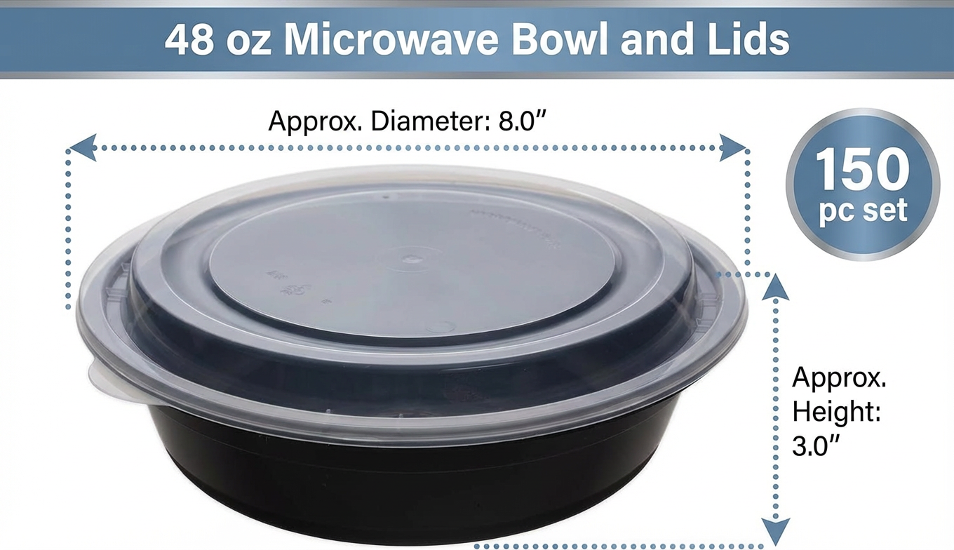 48 oz Black Round Microwave Containers with Lids – 150 Set Bulk Meal Prep & Takeout Food Storage Containers – Stackable, Leak-Resistant & Reheatable – Rhino Aluminum