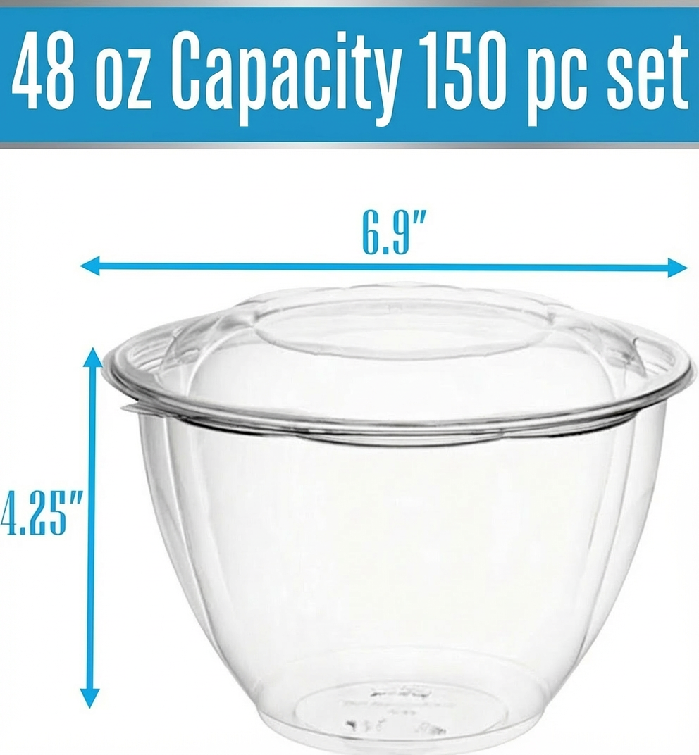 48 oz Clear Salad Bowls with Lids – 150 Count Bulk Disposable Food Containers for Salads, Meal Prep & Takeout – Leak-Resistant & Stackable – Rhino Aluminum