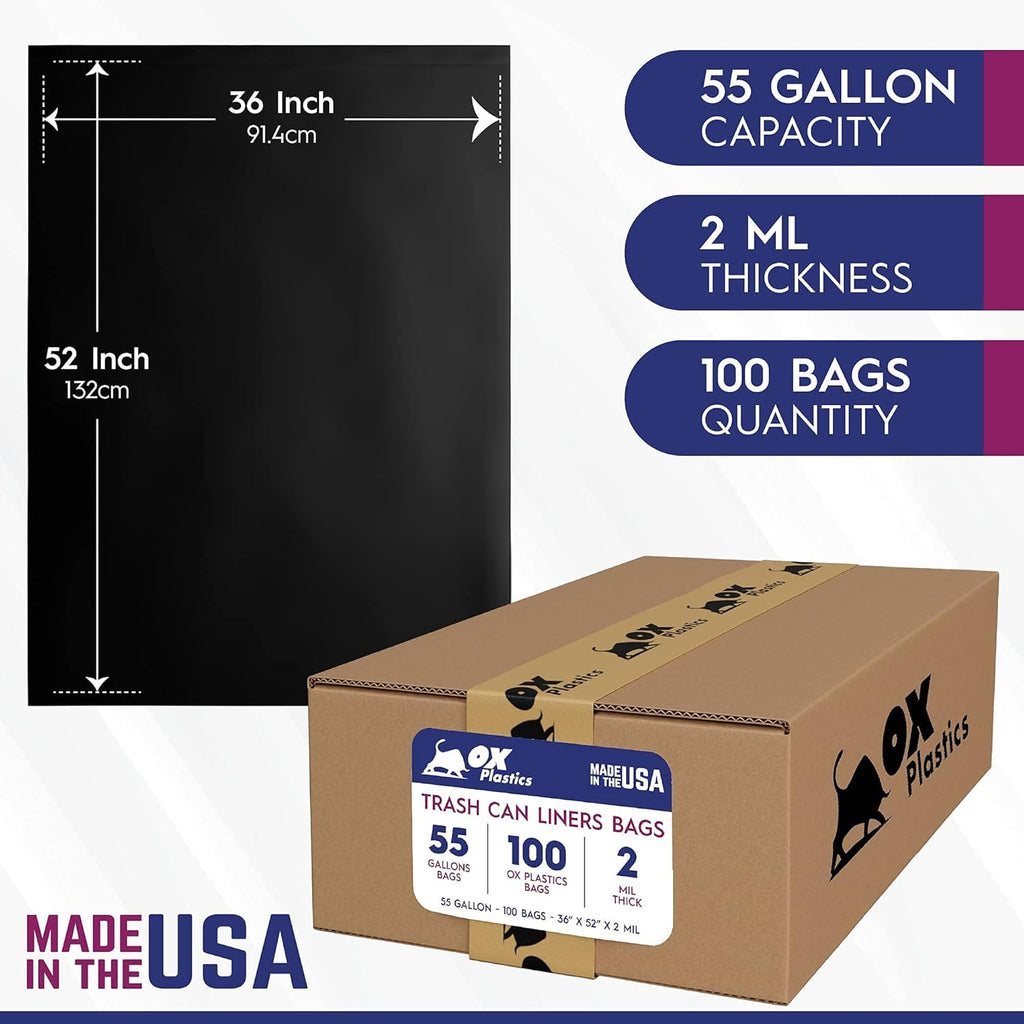 55 Gallon Heavy Duty Contractor Trash Bags – 1.5 Mil Thick – 36 x 52 Inch – 100 Count Bulk Construction & Commercial Garbage Bags – Ox Plastics