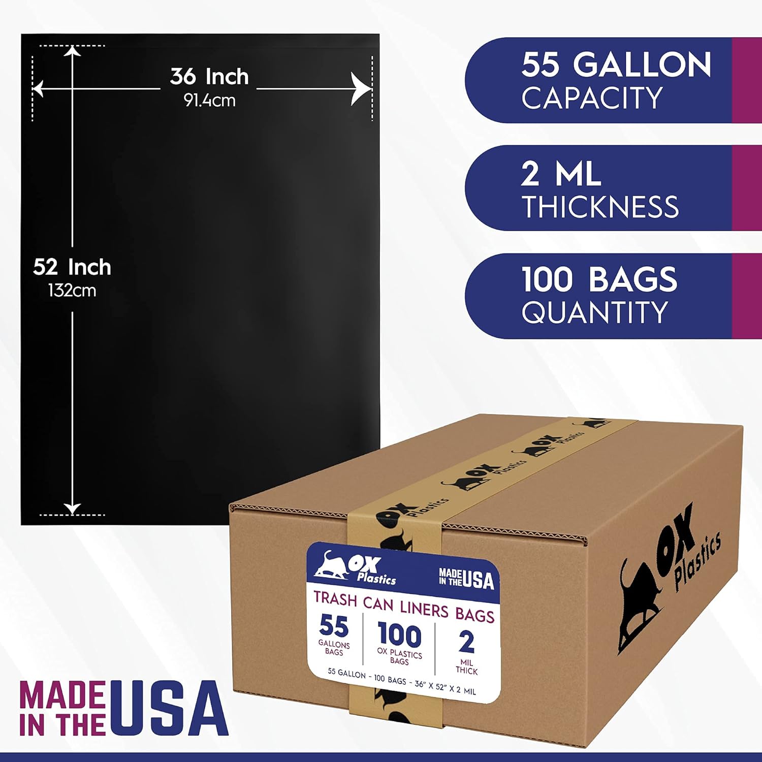 55 Gallon Heavy Duty Contractor Trash Bags – 1.5 Mil Thick – 36 x 52 Inch – 100 Count Bulk Construction & Commercial Garbage Bags – Ox Plastics