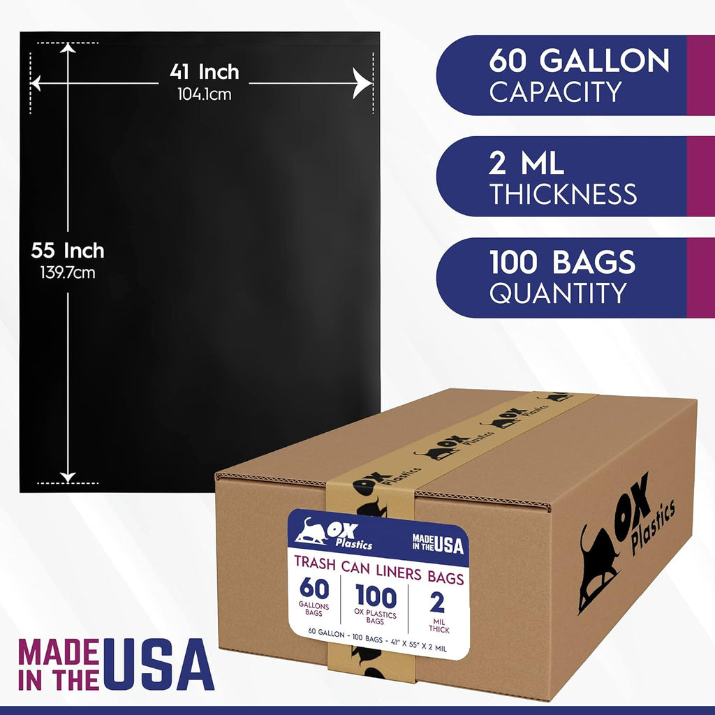 60 Gallon Extra Heavy Duty Trash Bags – 2 Mil Thick – 41 x 55 Inch – 100 Count Bulk Contractor & Commercial Garbage Bags for Construction & Industrial Use – Ox Plastics