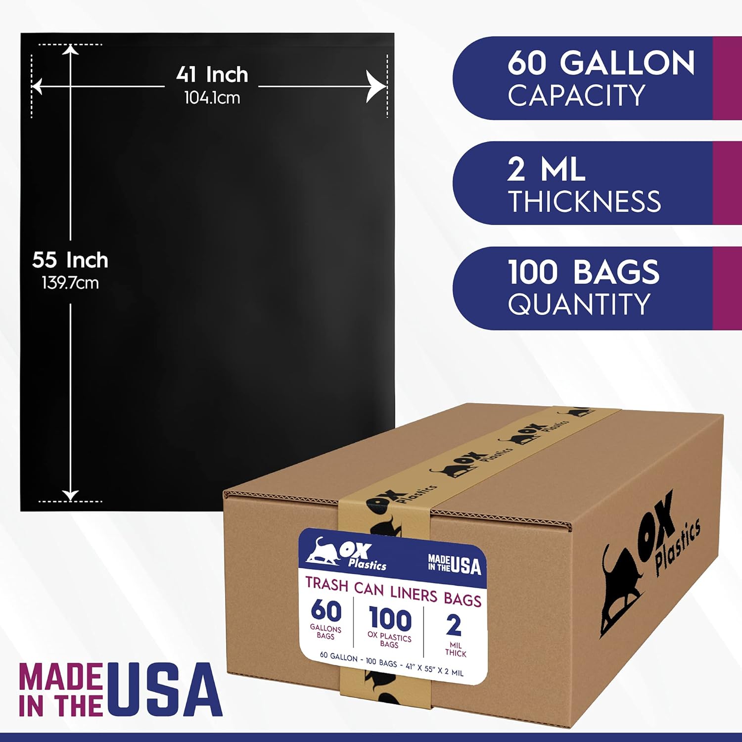 60 Gallon Extra Heavy Duty Trash Bags – 2 Mil Thick – 41 x 55 Inch – 100 Count Bulk Contractor & Commercial Garbage Bags for Construction & Industrial Use – Ox Plastics