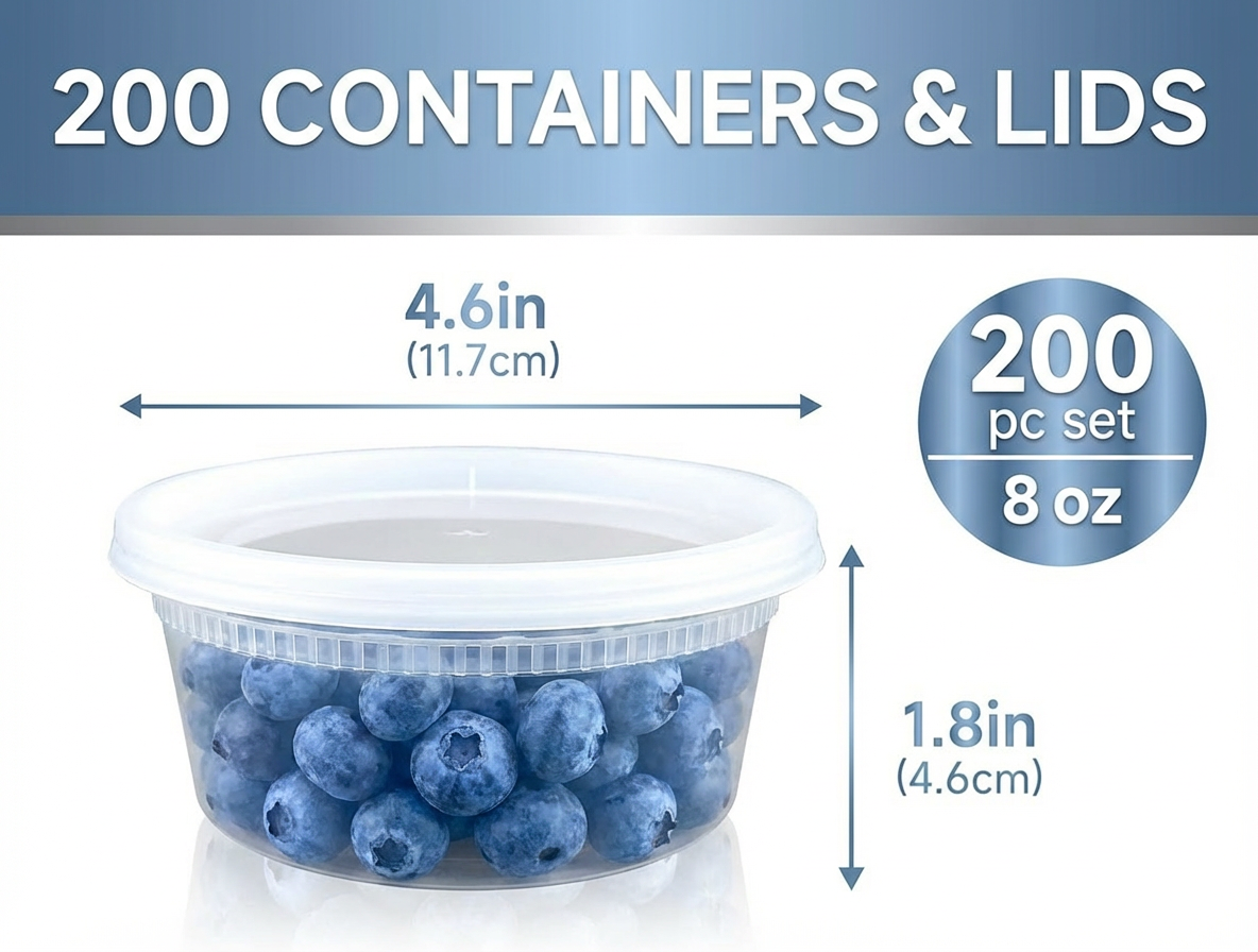 8 oz Deli Containers with Lids – 200 Count Bulk Clear Plastic Food Storage Cups for Meal Prep, Soups & Leftovers – Stackable & Leak-Resistant – Rhino Aluminum