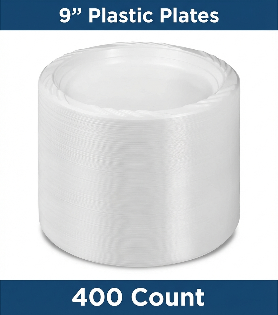 9 Inch Plastic Plates – 400 Count Bulk Disposable Dinner Plates for Parties, BBQs & Catering – Heavy Duty White Plates – Rhino Aluminum