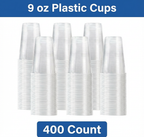 9 oz Plastic Cups – 400 Count Bulk Disposable Drink Cups for Parties, Juice, Soda & Events – Durable Clear Party Cups – Rhino Aluminum