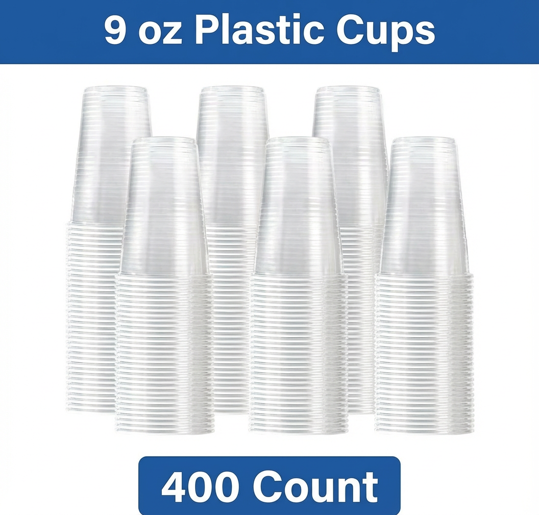 9 oz Plastic Cups – 400 Count Bulk Disposable Drink Cups for Parties, Juice, Soda & Events – Durable Clear Party Cups – Rhino Aluminum