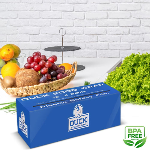 12 Inch Plastic Food Wrap Roll – 2000 Ft Bulk Clear Cling Film for Food Storage, Meal Prep & Commercial Kitchens – Strong Stretch Wrap - Duck Plastic Wrap