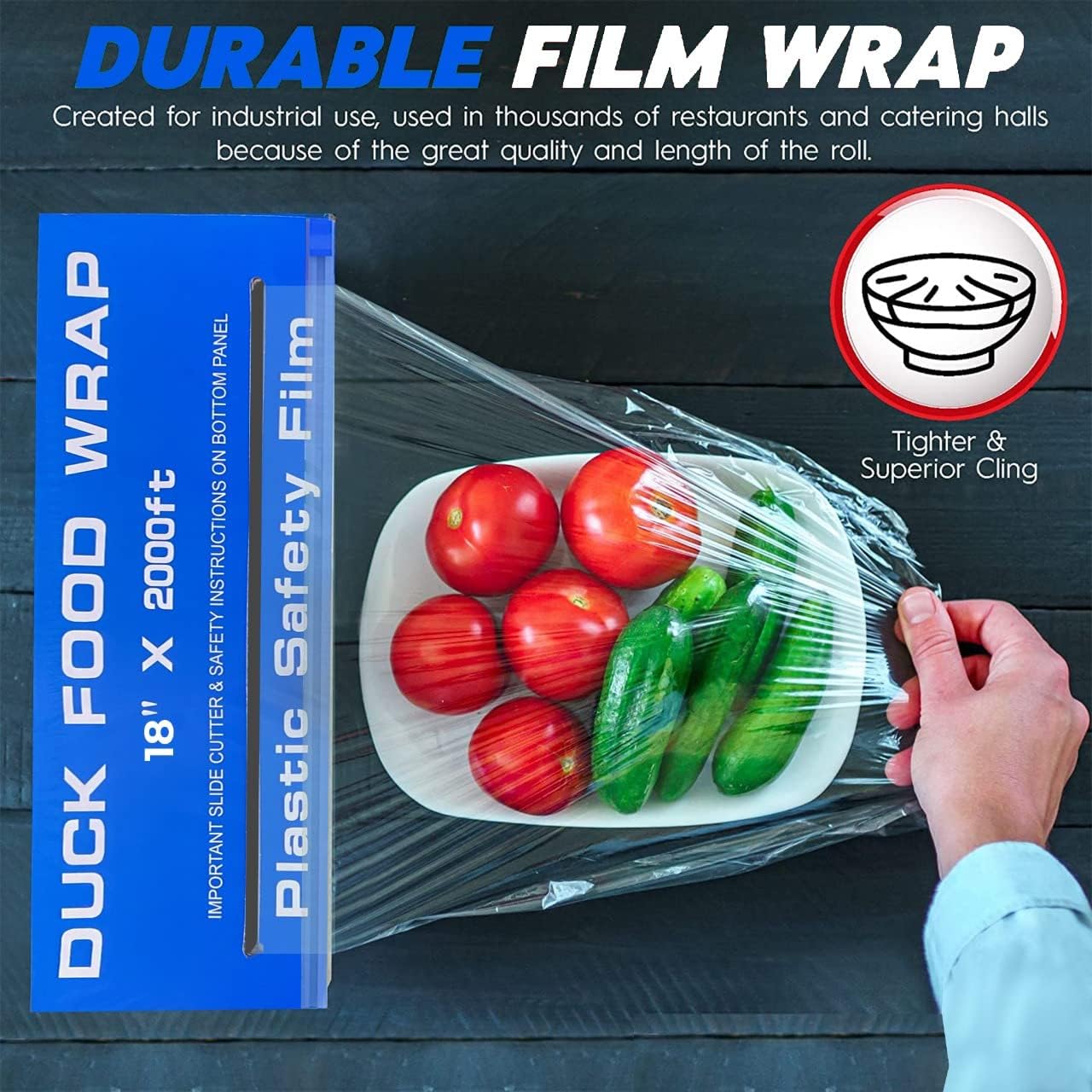 18 Inch Commercial Plastic Food Wrap Roll – 2000 Ft Bulk Heavy Duty Cling Film for Restaurants, Catering, Meal Prep & Food Storage – Clear Stretch Wrap- Duck Plastic Wrap