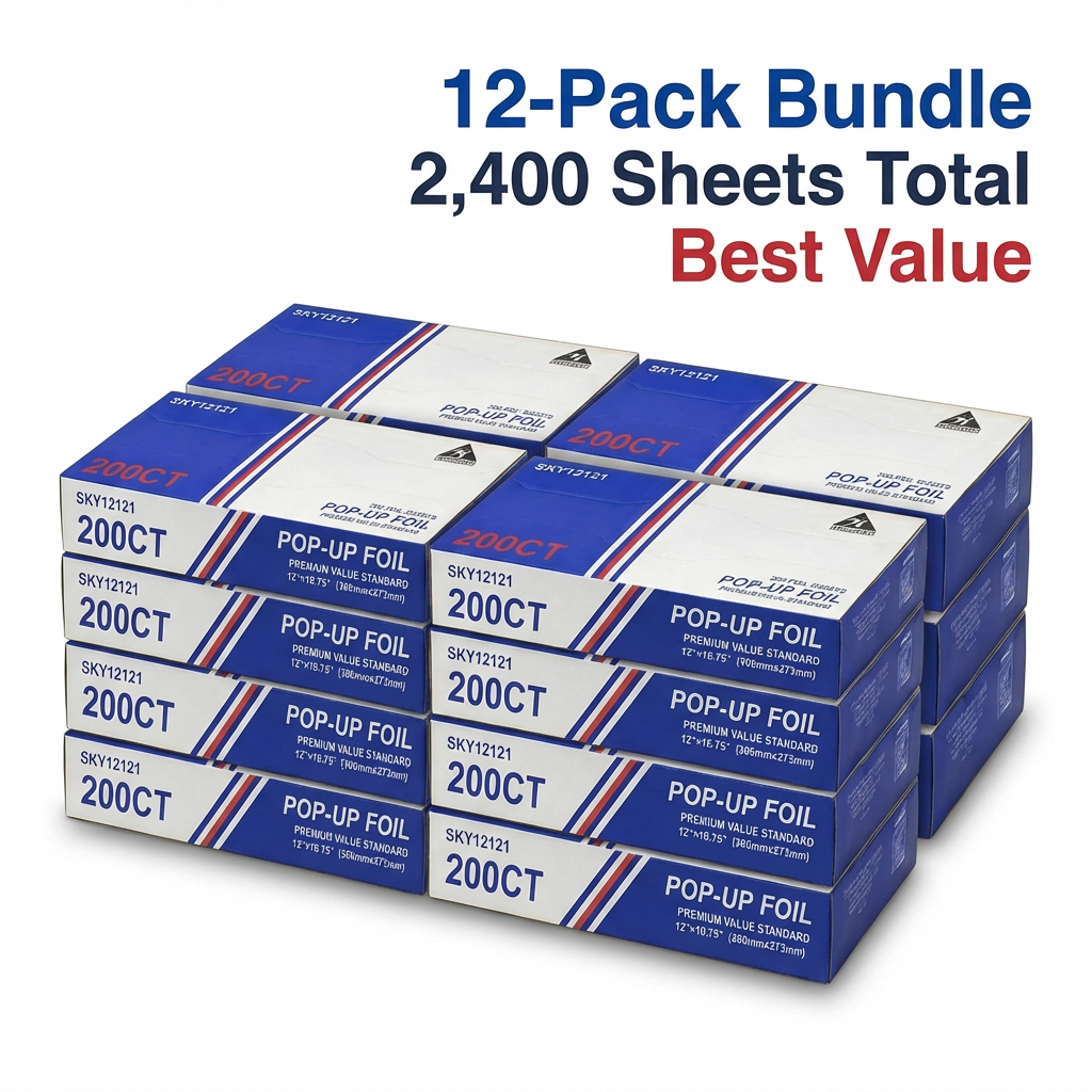12 x 10.75 Inch Heavy Duty Aluminum Pop-Up Foil Sheets – 12 Pack (200 Sheets Per Box) – 2400 Count Bulk Pre-Cut Foil for Grilling, Baking & Food Storage – Commercial Strength
