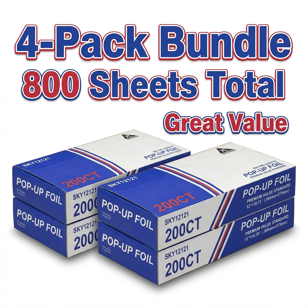 12 x 10.75 Inch Heavy Duty Aluminum Pop-Up Foil Sheets – 4 Pack (200 Sheets Per Box) – 800 Count Bulk Pre-Cut Foil for Grilling, Baking & Food Storage – Commercial Strength