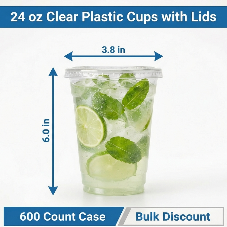24 oz Iced Coffee Cups with Lids, 600 Pack – Clear Plastic To Go Cups for Coffee, Cold Drinks, Smoothies – Commercial Grade Bulk