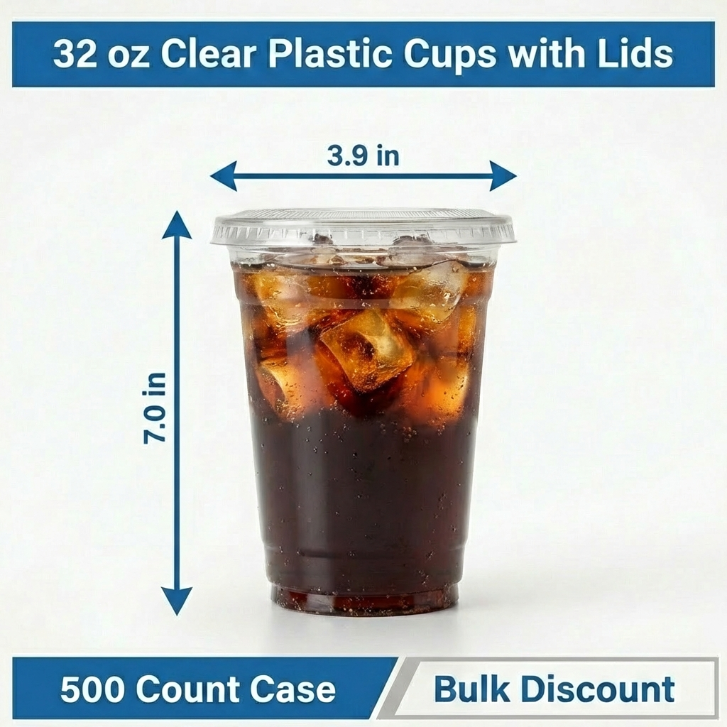 32 oz Clear Plastic Cups with Lids – 500 Count Combo Bulk Disposable Drink Cups for Iced Coffee, Smoothies & Cold Beverages – Secure Fit Lids – Rhino Aluminum