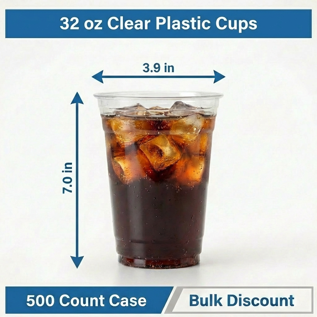 32 oz Clear Plastic Cups – 500 Count Bulk Disposable Drink Cups for Iced Coffee, Smoothies, Lemonade & Cold Beverages – Durable & Stackable – Rhino Aluminum