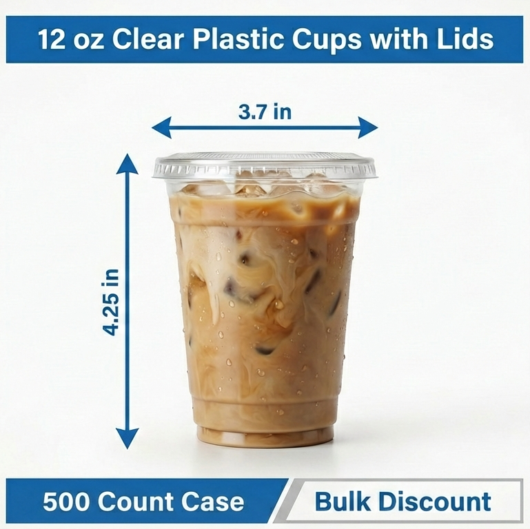 12 oz Clear Plastic Cups with Lids – 500 Count Combo Bulk Disposable Drink Cups for Iced Coffee, Cold Beverages & Parties – Secure Fit Lids – Rhino Aluminum