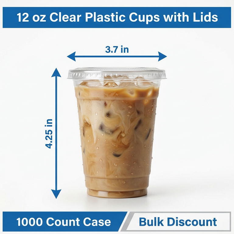 12 oz Clear Plastic Cups with Lids – 1,000 Count Combo Bulk Disposable Drink Cups for Iced Coffee, Cold Beverages & Large Events – Secure Fit Lids – Rhino Aluminum