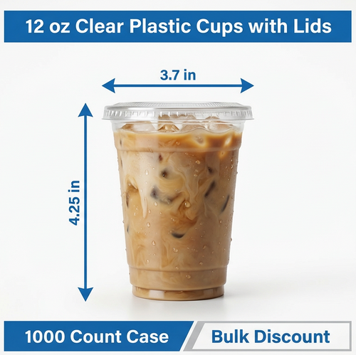 12 oz Clear Plastic Cups with Lids – 1,000 Count Combo Bulk Disposable Drink Cups for Iced Coffee, Cold Beverages & Large Events – Secure Fit Lids – Rhino Aluminum