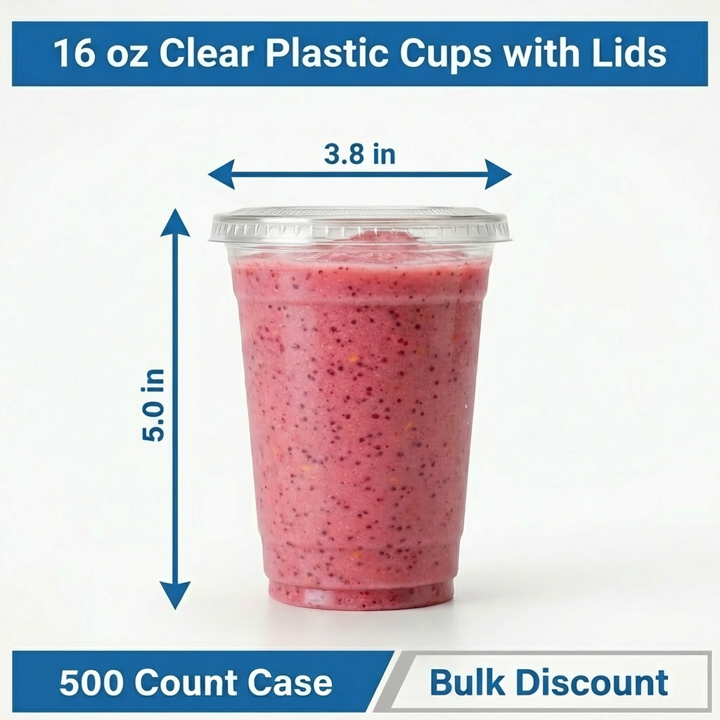 16 oz Clear Plastic Cups with Lids – 500 Count Combo Bulk Disposable Drink Cups for Iced Coffee, Smoothies & Cold Beverages – Secure Fit Lids – Rhino Aluminum