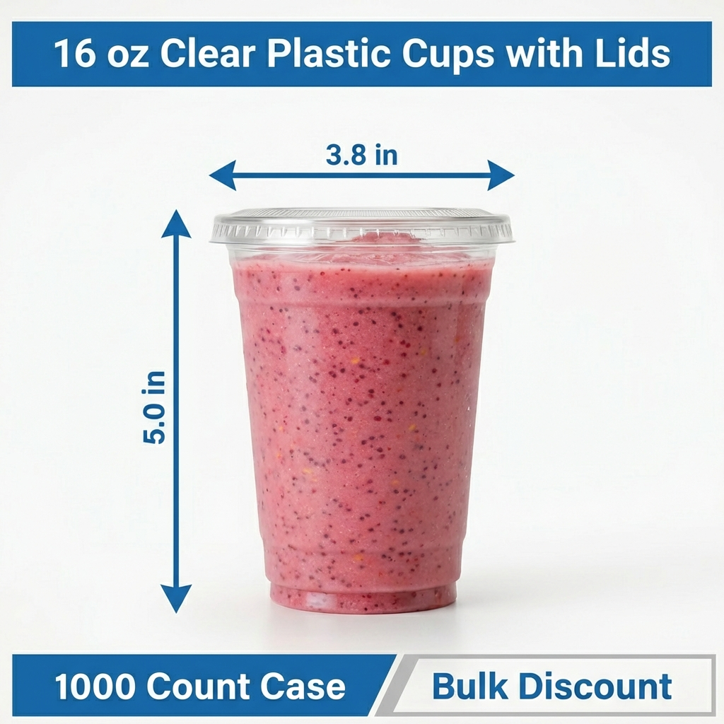 16 oz Clear Plastic Cups with Lids – 1,000 Count Combo Bulk Disposable Drink Cups for Iced Coffee, Smoothies & Cold Beverages – Secure Fit Lids – Rhino Aluminum