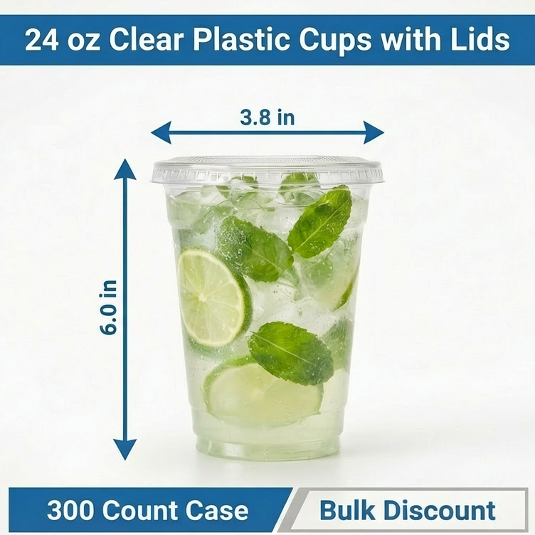 24 oz Clear Plastic Cups with Lids – 300 Count Combo Bulk Disposable Drink Cups for Iced Coffee, Smoothies & Cold Beverages – Secure Fit Lids – Rhino Aluminum