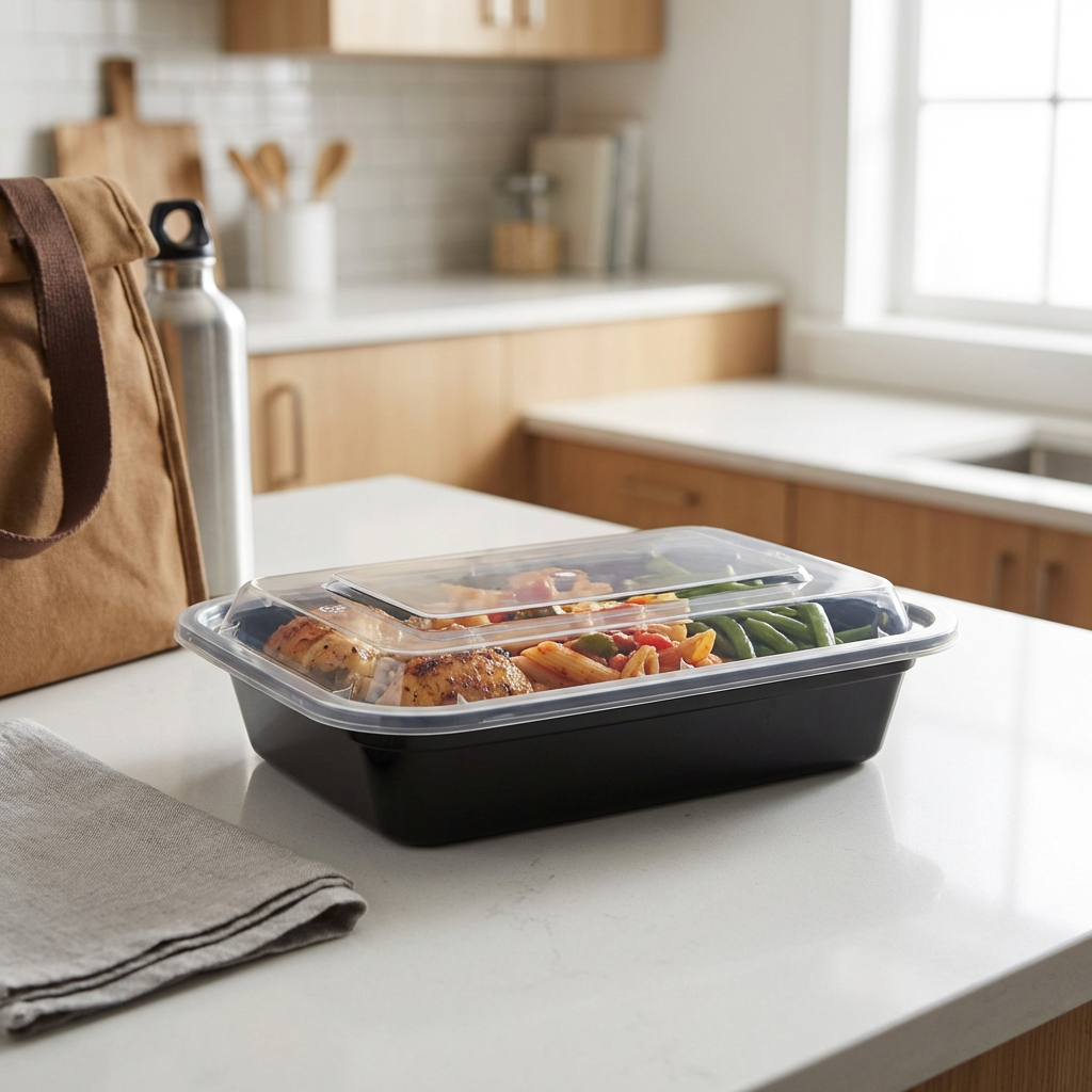 32 oz Black Rectangle Microwave Containers with Lids – 150 Set Bulk Meal Prep & Takeout Food Storage Containers – Stackable, Leak-Resistant & Reheatable – Rhino Aluminum