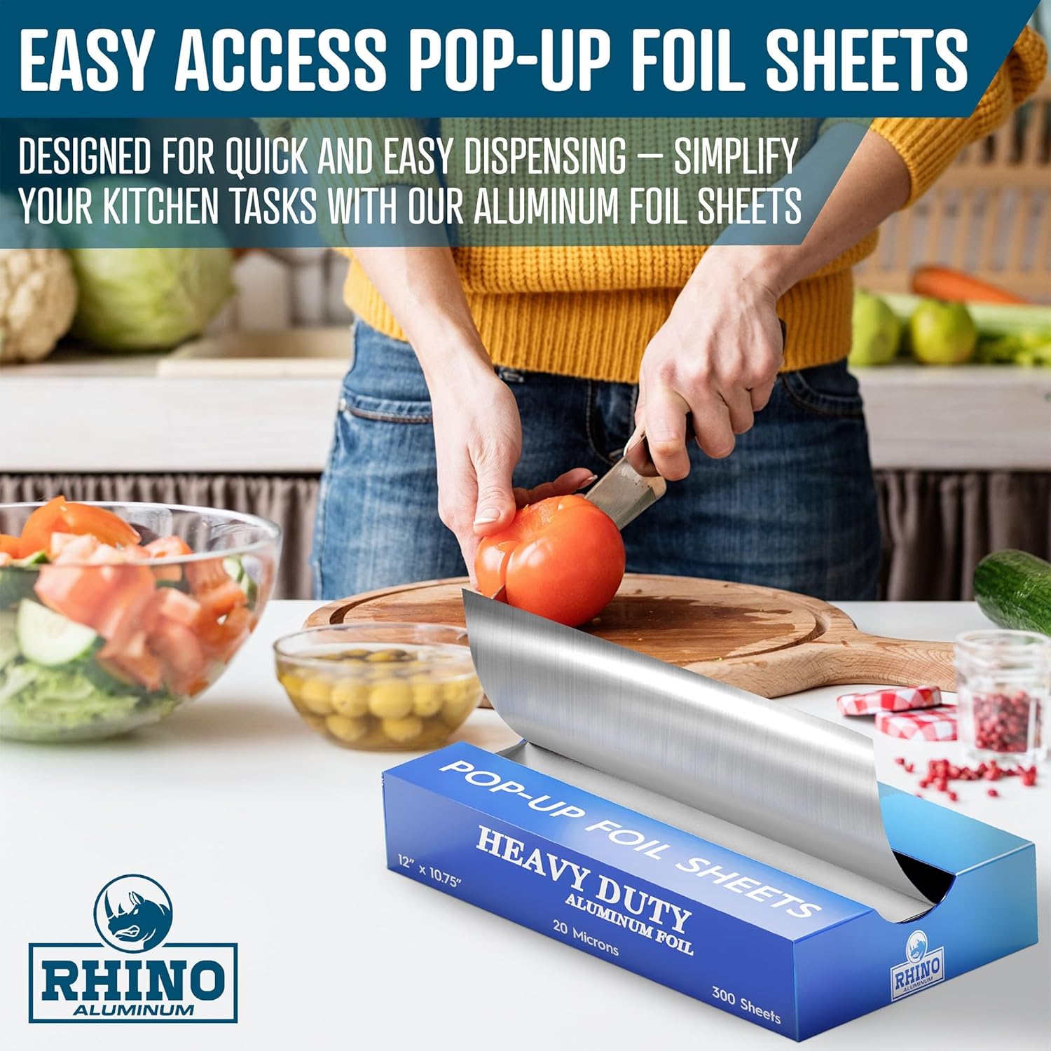 12 x 10.75 Inch Heavy Duty Aluminum Pop-Up Foil Sheets – 300 Count Bulk Pre-Cut Foil for Grilling, Baking, Wrapping & Food Storage – Commercial Strength – Rhino Aluminum
