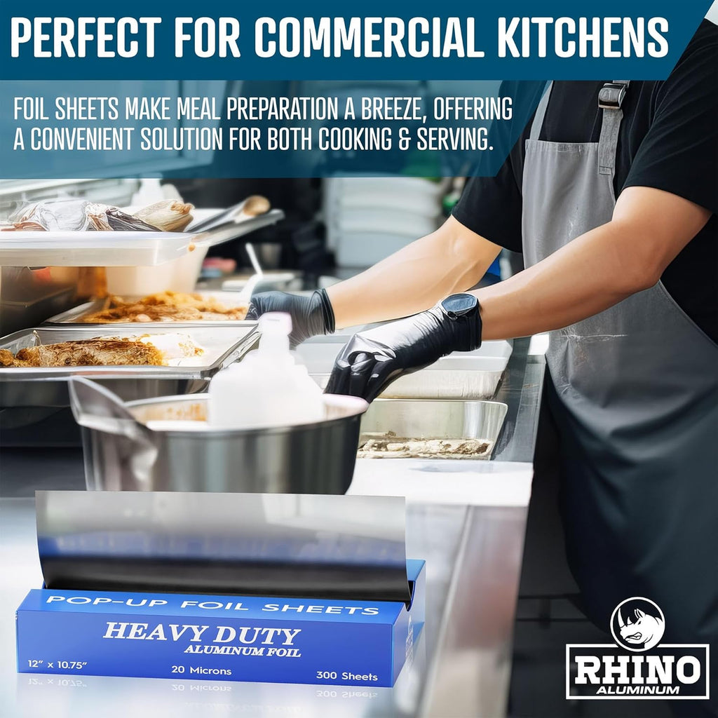12 x 10.75 Inch Heavy Duty Aluminum Pop-Up Foil Sheets – 300 Count Bulk Pre-Cut Foil for Grilling, Baking, Wrapping & Food Storage – Commercial Strength – Rhino Aluminum
